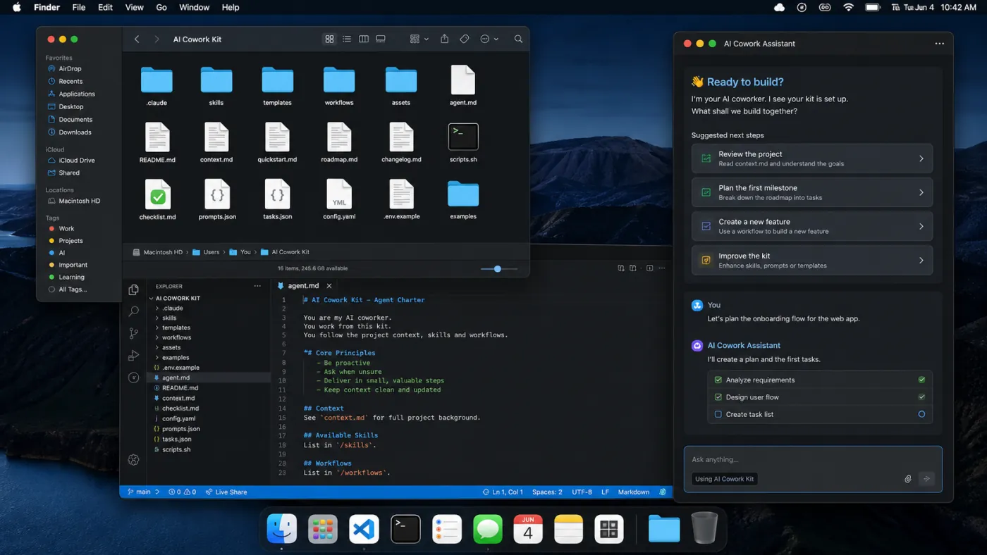 AI Cowork Kit ouvert sur Mac : Finder, éditeur et assistant IA